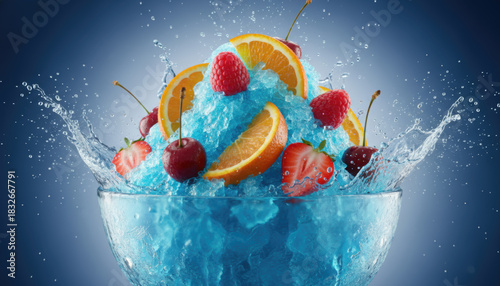 Refreshing blue shaved ice dessert in glass bowl topped with fresh orange slices raspberry strawberry and cherry fruit splashing with cold water drops on summer background.