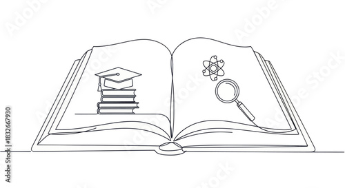 Open educational book with scientific icons featuring research and knowledge transfer in
