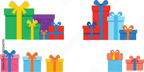 Colorful festive gift boxes with bows and ribbons arranged in various sizes, vibrant decorative present illustrations perfect for holiday celebration themed vector designs.