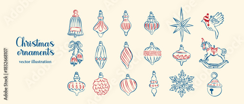 Set of Christmas ornaments hand-drawn style, whimsical drawing art Christmas elements illustration for Christmas, New Year, greeting cards, invitations, birthday party, gift