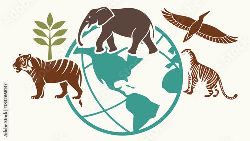 Celebrate global wildlife conservation with an inspiring design featuring an elephant, tiger, bird, earth, and tree for environmental awareness campaigns