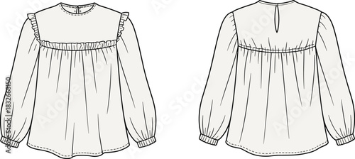 Delicate long-sleeve ruffle blouse technical flat sketch featuring gathered details, soft silhouette, shoulder frills, and elegant front and back garment construction.
