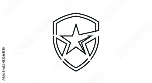 Minimalist black and white emblem featuring a shield with a central star enclosed within bold