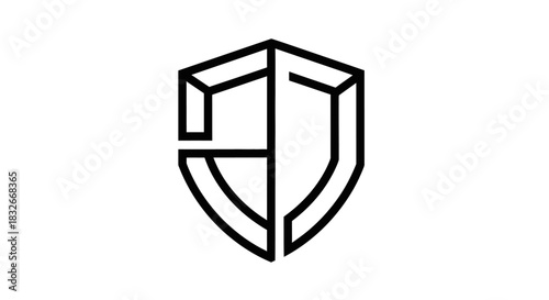 Minimalist 3D Black Line Drawing of a Shield Logo Design for Branding or Security