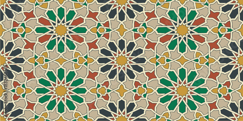 Intricate Islamic Geometric Pattern with Star and Floral Motifs in Earthy Tones