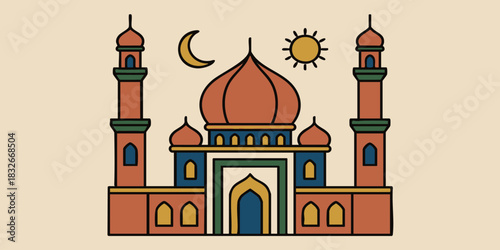 A vibrant, flat-style illustration of a traditional Islamic mosque featuring a grand dome, minarets, and the celestial symbols of a sun and moon