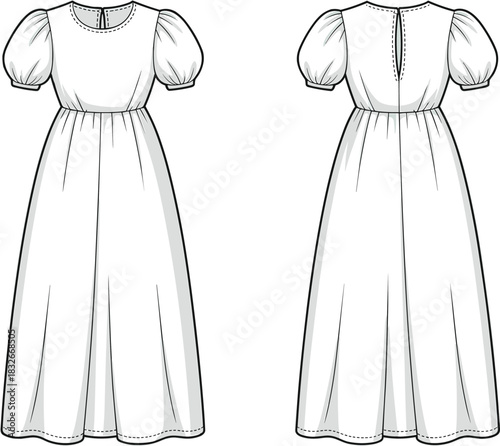 Detailed women’s puff-sleeve maxi dress technical fashion illustration showing front and back views with gathered waist, flowing skirt, stitching details, and garment construction.