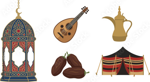 Arabic cultural icons Lantern, oud, dates, coffee pot, and Bedouin tent. A diverse collection of symbols