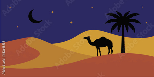 A serene desert night scene with a silhouette of a camel standing beneath a palm tree under a starry sky and crescent moon