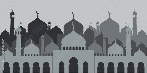 Abstract illustration of an Islamic city skyline, showcasing numerous mosques with iconic domes and minarets in shades of grey, representing cultural heritage and spiritual traditions