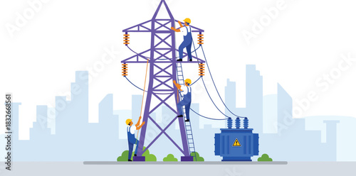 Electric power line maintenance workers repairing high-voltage transmission tower and transformer system in urban area with safety equipment and professional tools illustration