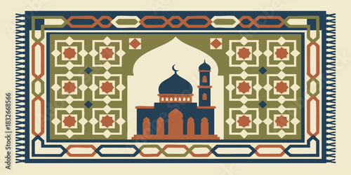 Islamic prayer rug featuring a mosque silhouette with traditional geometric patterns, a symbol of Muslim worship and spiritual devotion