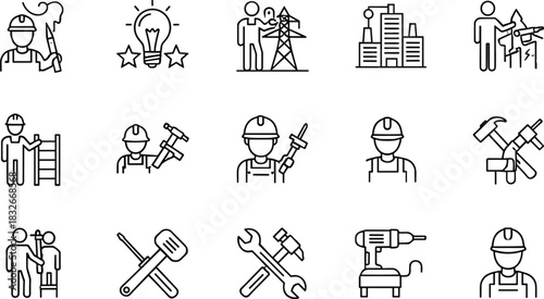 Electrical workers, power line engineers, industrial technicians, maintenance tools and utility icons illustrating construction, energy infrastructure and .