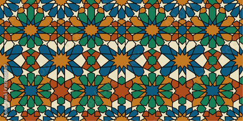 Seamless vibrant geometric pattern featuring intricate stars and floral motifs, inspired by traditional Islamic mosaic art and decorative arabesque designs, perfect for backgrounds and textiles