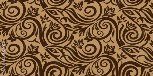 Elegant seamless pattern featuring intricate brown floral swirls and delicate botanical leaves on a warm tan background, perfect for vintage-inspired textiles, wallpaper, or decorative papers