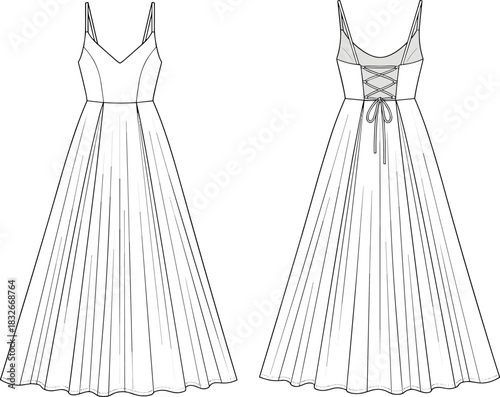 Elegant long pleated maxi dress vector illustration featuring strappy bodice, fitted waist, flowing skirt, and detailed back lace-up design for fashion templates