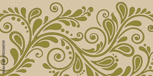 Elegant decorative olive green floral paisley pattern on a light beige background, seamless traditional ornamental design