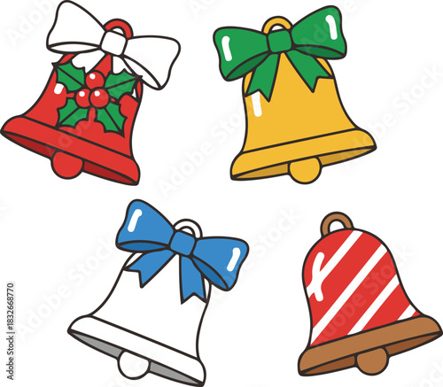 A vibrant collection of four cartoon Christmas bells, each adorned with a colorful bow and festive details like holly and stripes, in various hues.