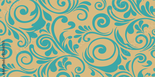 Elegant Turquoise Swirls on Beige Background Seamless Decorative Pattern