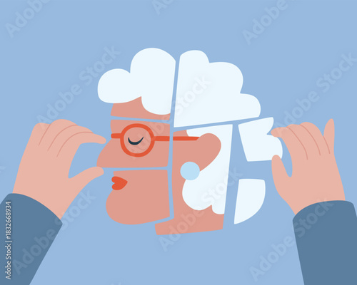 Hands placing a missing puzzle piece into a puzzle head of elderly woman. Old woman, dementia, alzheimer mental health concept, missing pieces. Flat vector illustration.