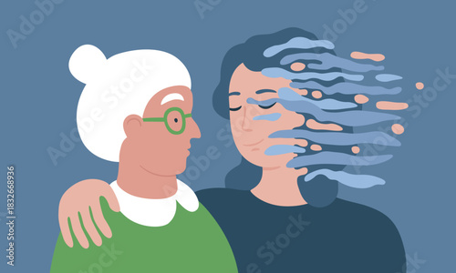 Dementia, memory loss, amnesia concept. Young woman with distorted face hugging old woman. Forget faces. Brain damage, cognitive disfunction, Alzheimer’s disease. Mental health, psychological illness