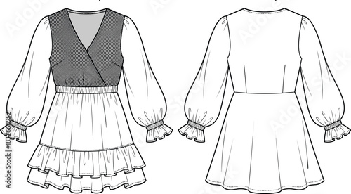 Elegant long-sleeve ruffled dress fashion flat illustration featuring wrap bodice, tiered skirt, elastic cuffs, and detailed garment technical drawing style