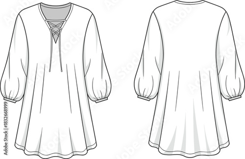 Elegant loose-fit women’s blouse with lace-up V-neckline, puff sleeves, flowing hem and detailed front-back fashion flat sketch vector illustration.