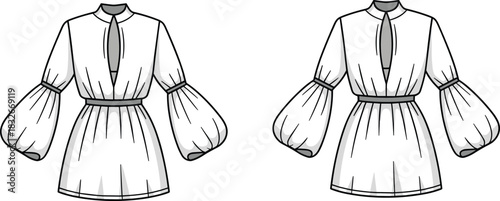 Elegant puff-sleeve tunic dress fashion flat illustration featuring gathered waist, keyhole neckline, voluminous sleeves, and modern garment design for apparel development.