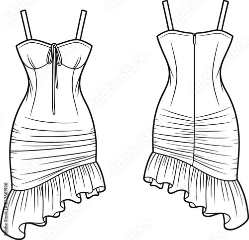 Elegant ruched midi dress fashion flat with corset-style bodice, spaghetti straps, asymmetric ruffle hem, front and back technical illustration.