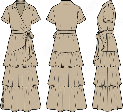 Elegant tiered maxi wrap dress fashion flat illustration featuring collared neckline, short sleeves, waist tie detail, layered ruffle skirt, and technical garment design