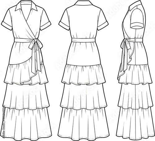Elegant tiered maxi wrap dress fashion flat sketch featuring collared neckline, short sleeves, waist tie detail, layered ruffle skirt, and technical vector design