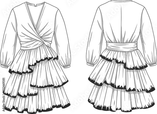 Elegant tiered ruffle dress fashion flat sketch featuring wrap bodice, long sleeves, layered skirt details, and professional technical vector illustration design.
