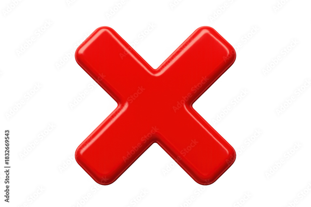Fototapeta premium Red glossy x mark symbol representing deletion, wrong answer, cancellation, error, and rejection on transparent background