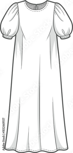 Elegant women’s puff-sleeve maxi dress technical fashion illustration featuring detailed stitching, flowing silhouette, garment construction elements, and clean vector outline design.