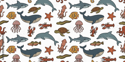 Seamless pattern featuring a vibrant collection of marine animals and sea creatures in a playful, cartoonish style