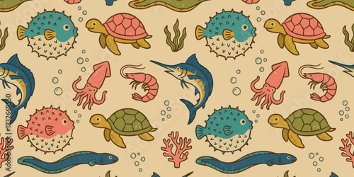 Seamless pattern featuring whimsical marine creatures and underwater elements, perfect for playful designs