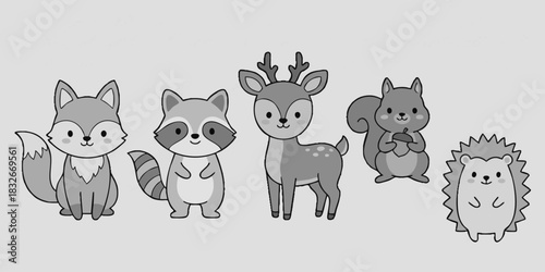Adorable grayscale forest animal characters set, including a fox, raccoon, deer, squirrel, and hedgehog, perfect for kids' designs and educational materials