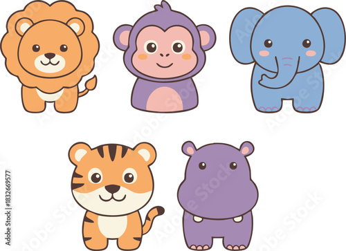 Cute Cartoon Animals Lion, Monkey, Elephant, Tiger, and Hippo in a Playful Illustration