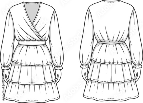 Elegant wrapped bodice tiered dress fashion flat sketch featuring long sleeves, gathered waist, layered skirt details, and professional vector illustration design.