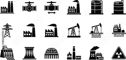 Industrial energy production and power generation icon set featuring factories, oil pumps, pipelines, nuclear plants, refineries, hydroelectric stations, and utility infrastructure