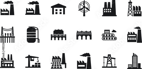 Industrial factory and energy production icon set featuring manufacturing plants, oil rigs, bridges, warehouses, renewable power symbols and heavy industry elements.