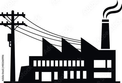 Industrial factory building with smoking chimney and electricity power lines silhouette vector illustration representing energy production, manufacturing, and infrastructure systems