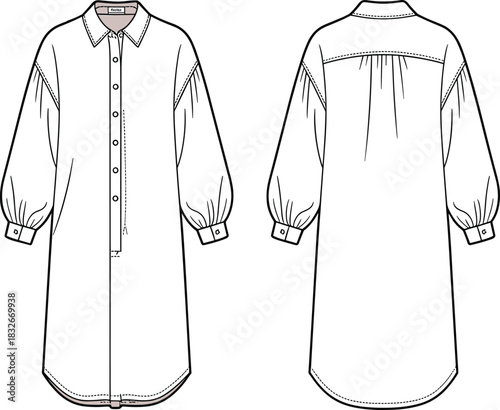 Long sleeve shirt dress technical flat sketch featuring button-front placket, gathered sleeves, curved hemline, structured collar, and detailed back yoke construction.