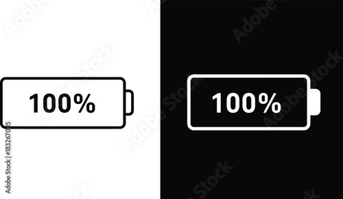 Minimal battery charge indicator icon showing full 100 percent level in light and dark themes as modern digital vector illustration