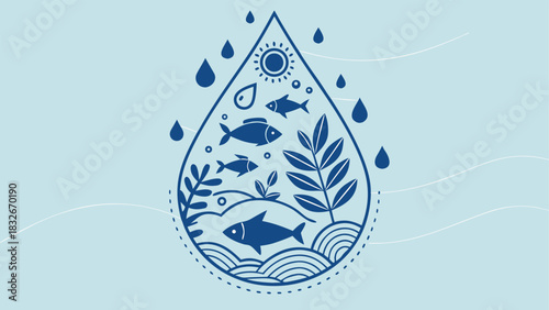 Protecting our waters with aquatic life and greenery inside a water droplet, promoting clean water initiatives and environmental awareness for future generations