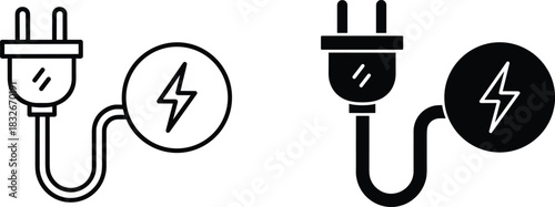 Minimal vector illustration of electric power plugs with lightning energy icons showing charging connection, electricity supply concept, modern technology design elements.