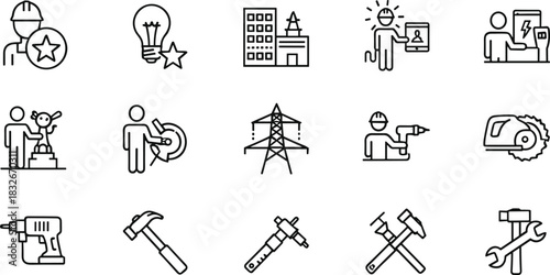 Modern construction and engineering line icons showcasing tools, workers, buildings, power equipment, creativity, maintenance, craftsmanship, and industrial technology elements.