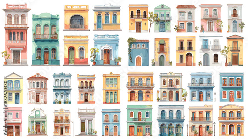 Illustration set of colorful colonial style building facades featuring architectural details, classic windows and vintage design elements. Ideal for travel themes and urban landscape projects.