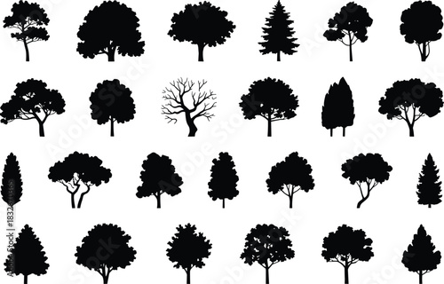 Set of diverse tree silhouettes showcasing natural forest shapes for landscape design, botanical illustrations, nature graphics, outdoor decoration, and environmental vector artwork.