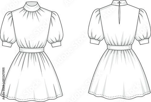 Vector fashion flat illustration of elegant high-neck puff sleeve dress with fitted waist and flared skirt, detailed technical apparel design.